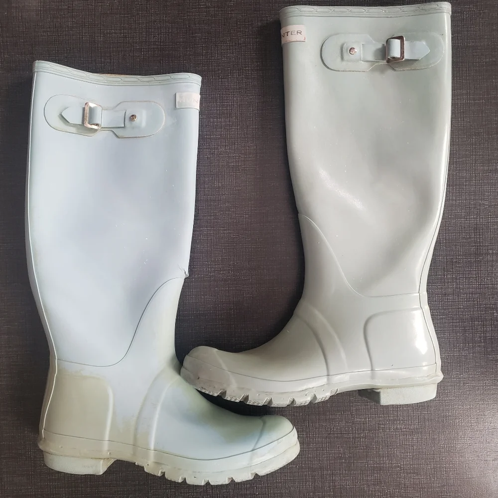 Hunter Original Gloss Tall Boots light blue well used worn with FLAWS SEE PHOTOS